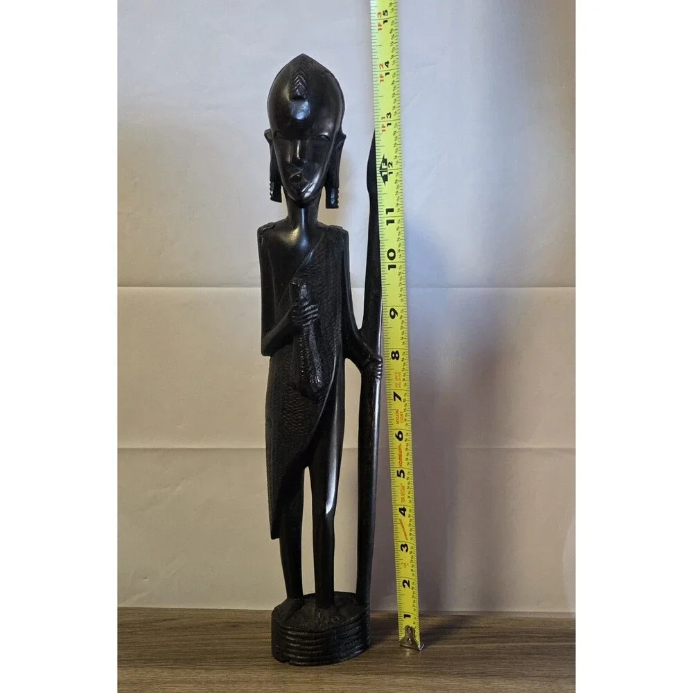 Vintage Hand Carved African Warrior Statue Figure w/ Spear‎ Wood Tribal Art 14